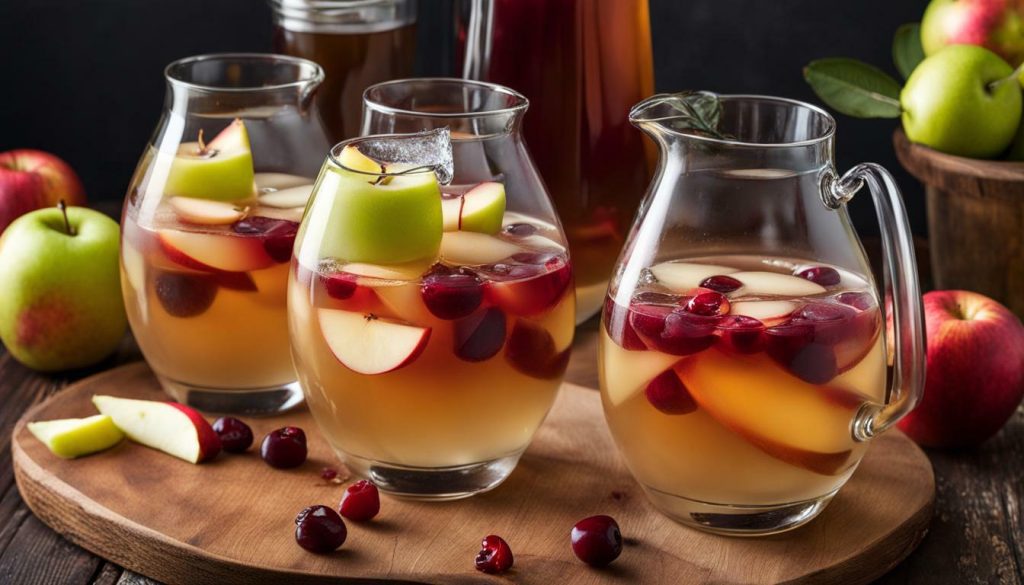 Apple Cider Sangria Garnished with Apple and Pear Slices, Frozen Cranberries, Ice, and a Cinnamon Stick