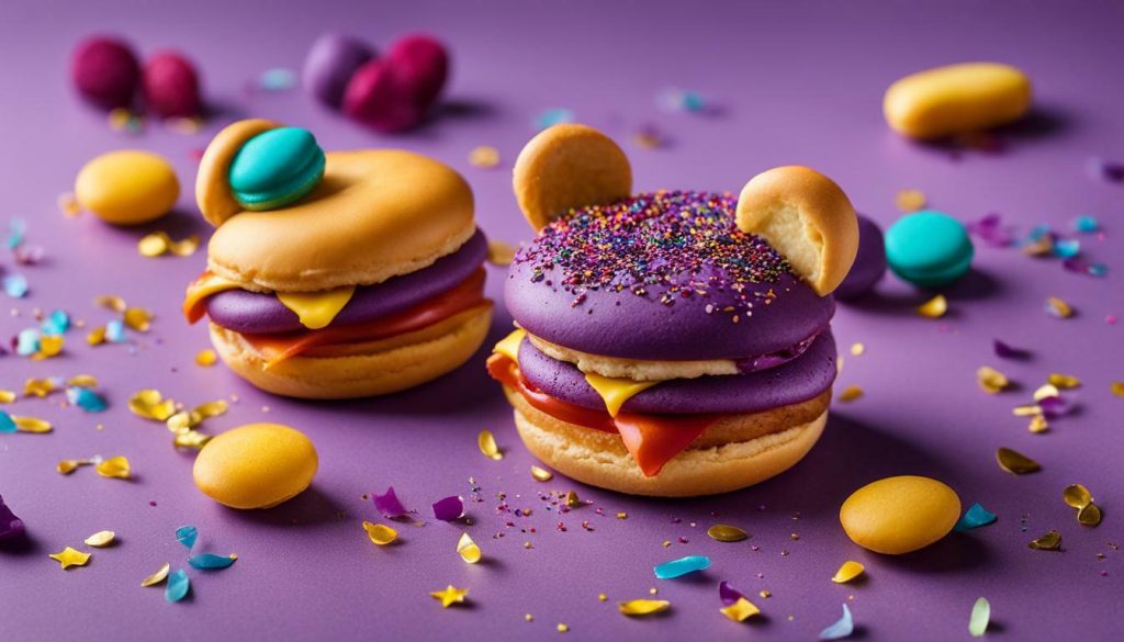Mickey Mouse-shaped hot dog bun and purple sweet potato macaron