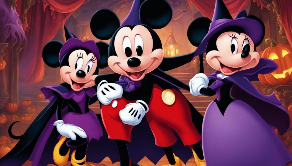 Mickey and Minnie Mouse in their Halloween costumes