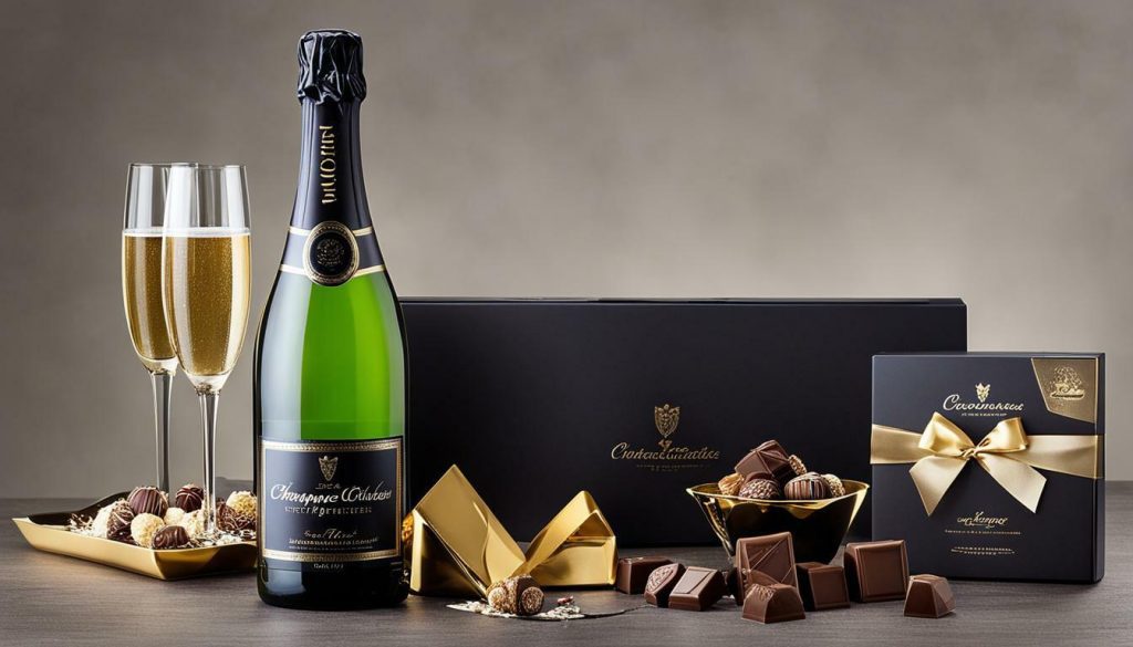 champagne gift set with elegant champagne flutes and indulgent chocolates