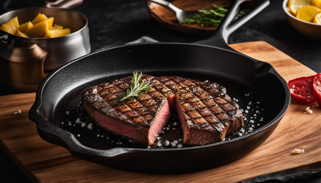 cooking steak with cast iron skillet