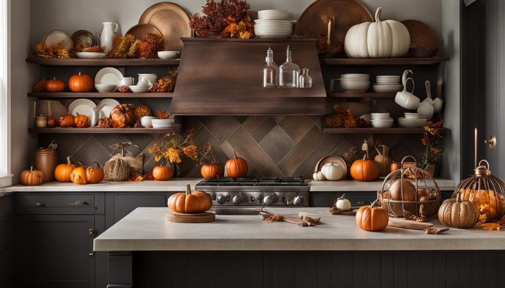 fall decorations for open shelves