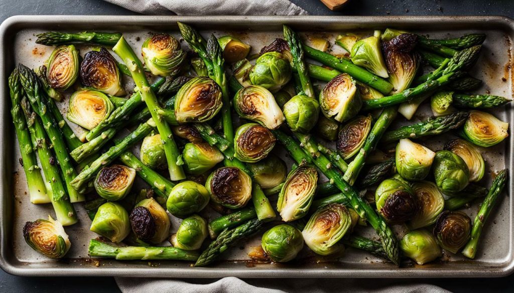 sheetpan brussel sprouts asparagus