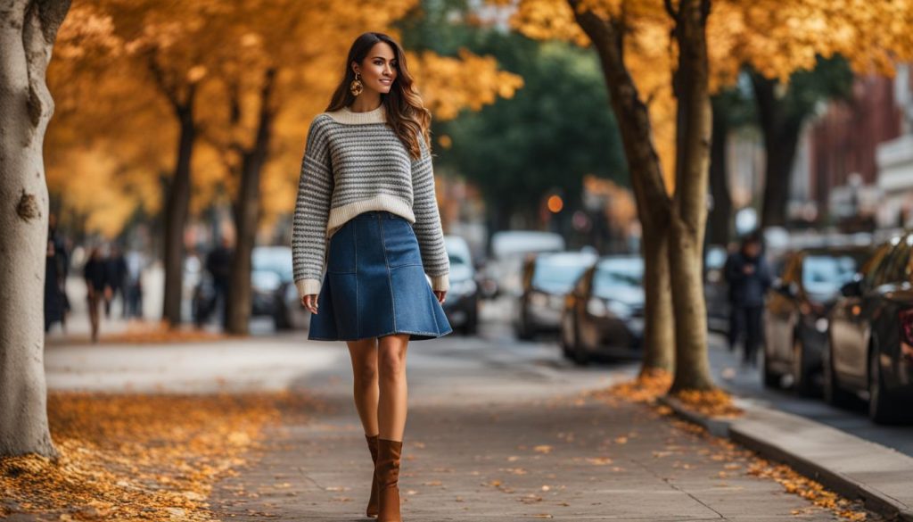 fashionable outfit with denim skirt