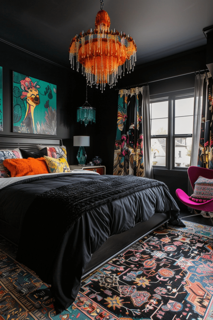 Boho Noir Whimsy: Dark and Playful Bedroom