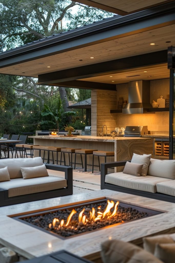 Contemporary Outdoor Kitchen with Fire Pit