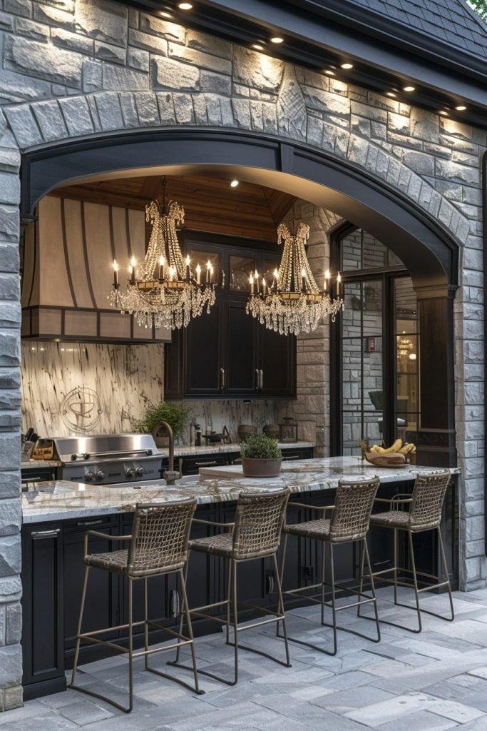 Elegant Outdoor Kitchen with Chandeliers