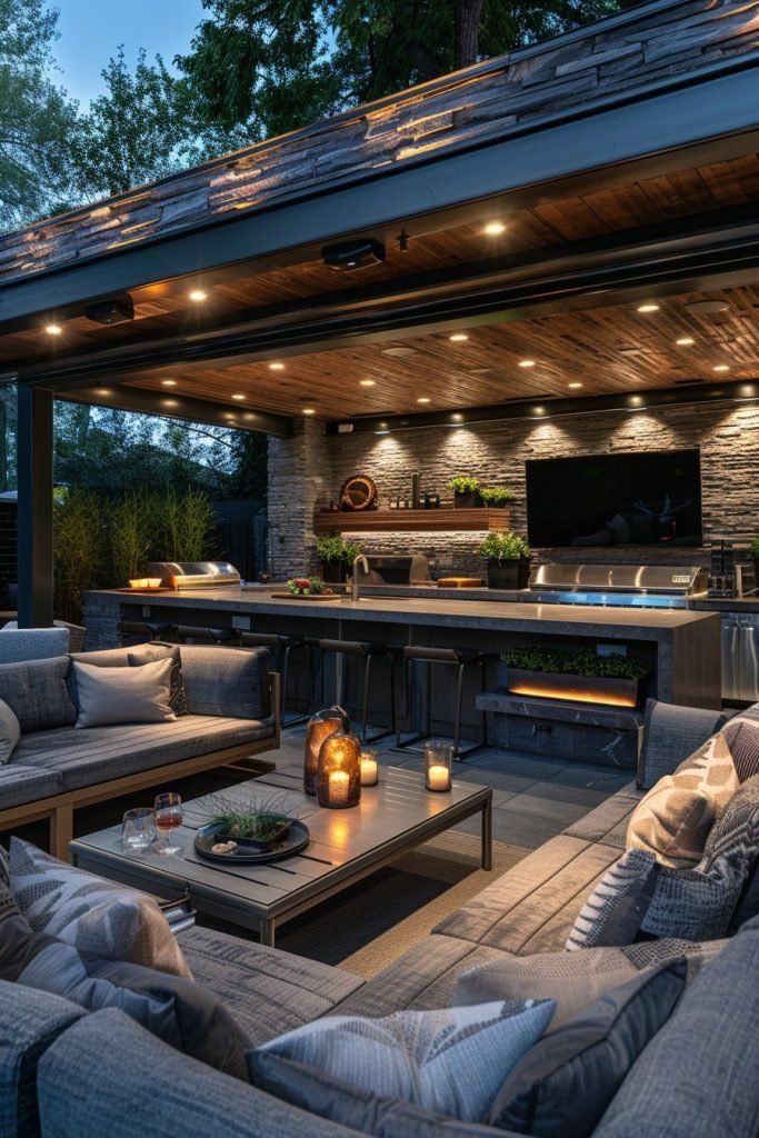 Contemporary Outdoor Kitchen with Outdoor Theater