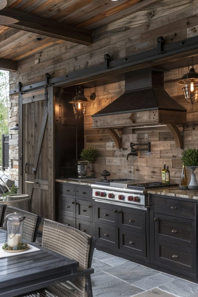 Modern Farmhouse Outdoor Kitchen with Sliding Barn Doors