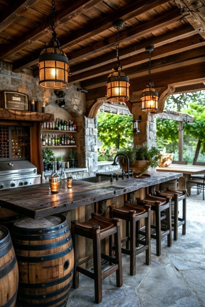 Rustic Outdoor Kitchen with Wine Barrel Accents