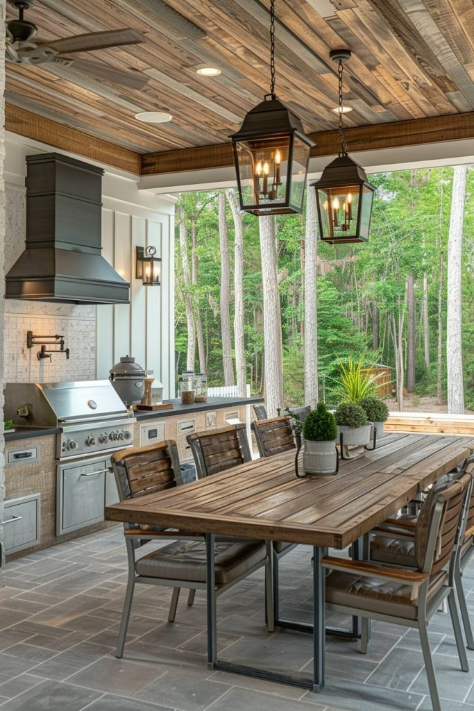 Farmhouse-Style Outdoor Kitchen with Shiplap Walls