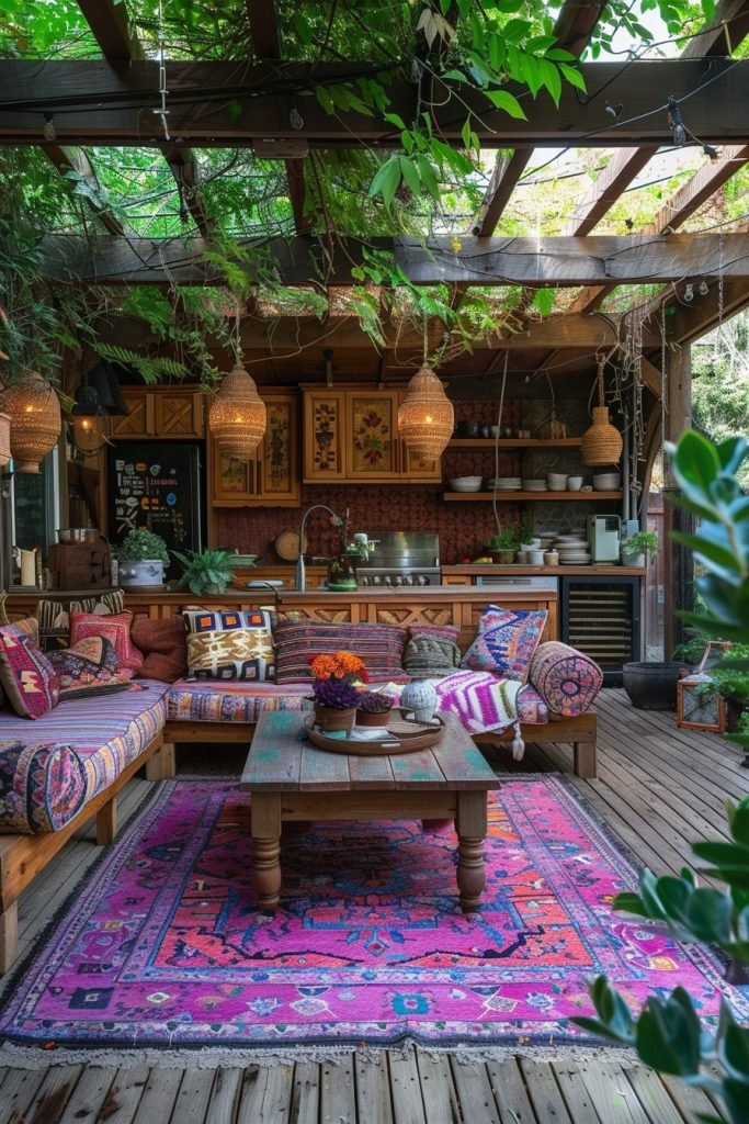 Bohemian Outdoor Kitchen with Colorful Textiles