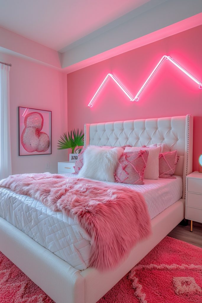 Bold Blush Baddie Bedroom with Neon Glow