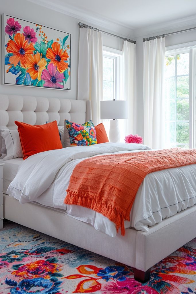 Dynamic Pops of Color in a White Bedroom
