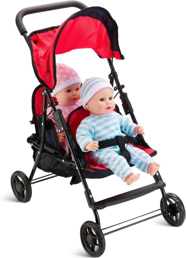 Hushlily Tandem Double Doll Stroller with Adjustable Canopy & Basket