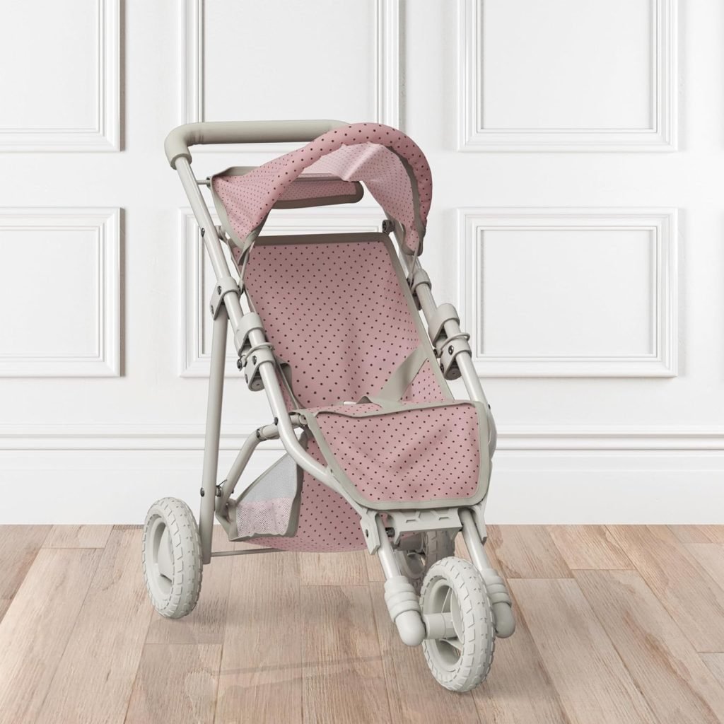 Olivia's Little World Doll Jogging-Style Stroller with Canopy, Storage Underneath, Pink and Cream and Gray Pink Jogging Stroller