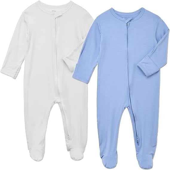 Aablexema Baby Footie Pajamas Zipper - Rayon from Bamboo Infant Footed Pjs with Mittens Sleepwear Jammies White and Blue Newborn