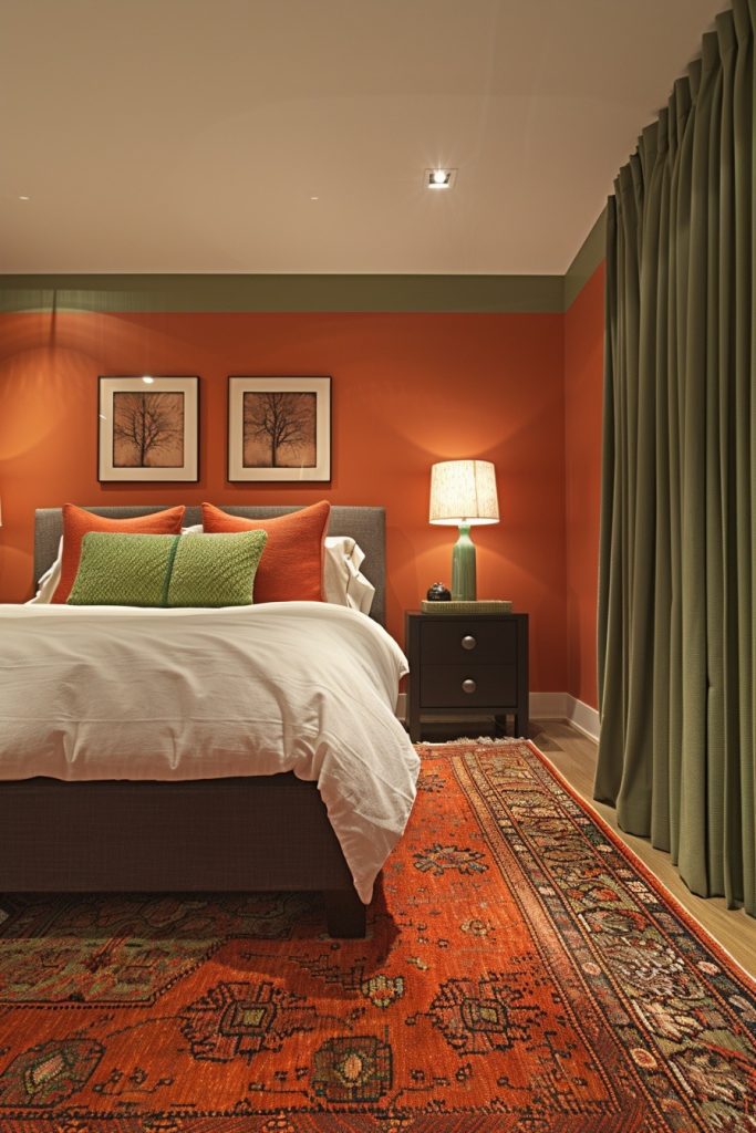 Bold Green Accents in a Terracotta Bedroom