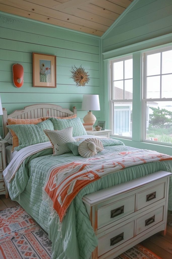 Coastal Inspired Green and Terracotta Bedroom