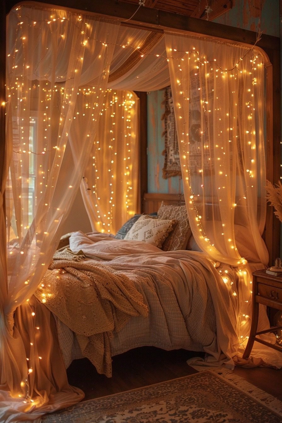 29 Boho Bedroom With Curtain Lights Ideas For A Dreamy Ambiance ...
