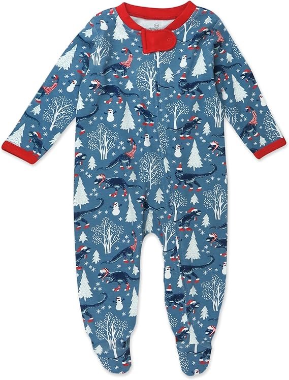 HonestBaby Sleep and Play Footed Holiday Pajamas One-Piece Sleeper Zip-front Organic Cotton PJs Baby Boys, Girls, Unisex 1 Winter Dinoland 6-9 Months