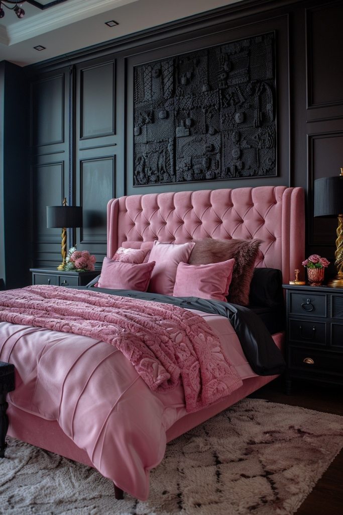 Luxurious Pink Velvet and Black Decor