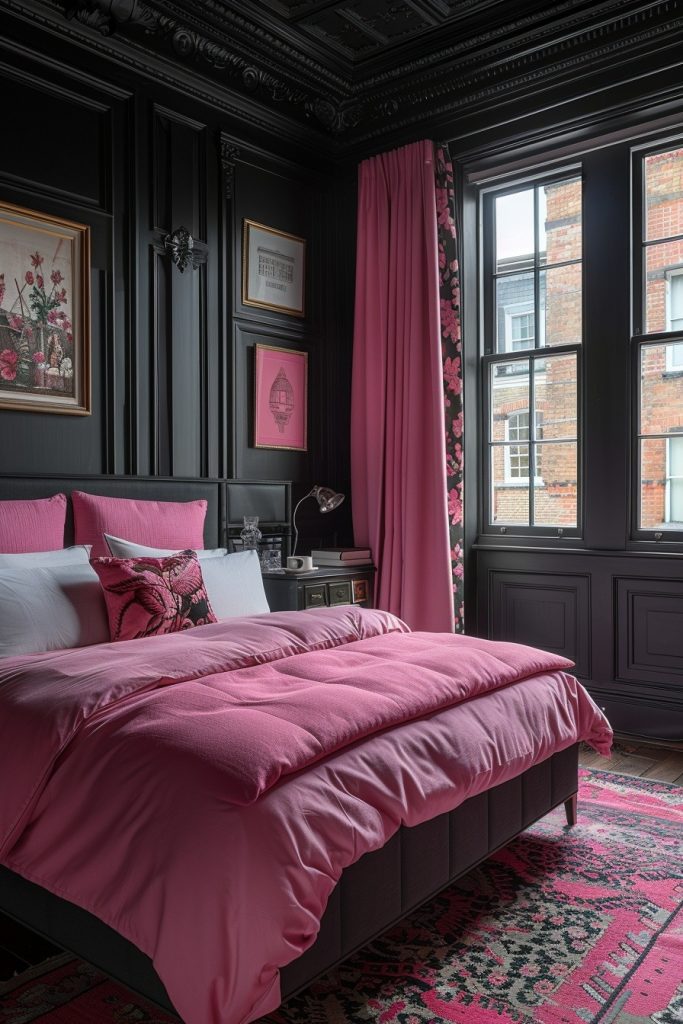 Monochrome Pink in a Black Framed Bedroom