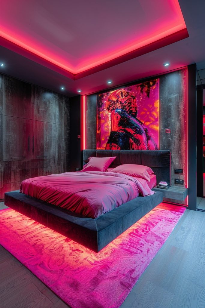 Neon Pink Highlights in a Black Bedroom