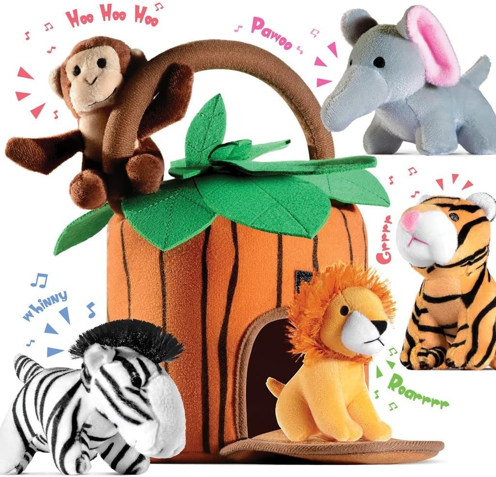 Play22 6-Piece Plush Talking Jungle Animals Set with Carrier for Kids, Babies & Toddlers