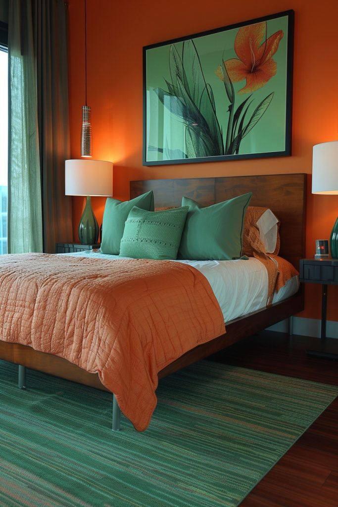 Sleek Urban Bedroom with Green and Terracotta Tones