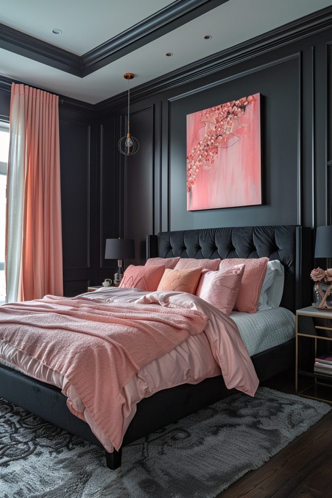 Subtle Pink Accents in a Dramatic Black Room