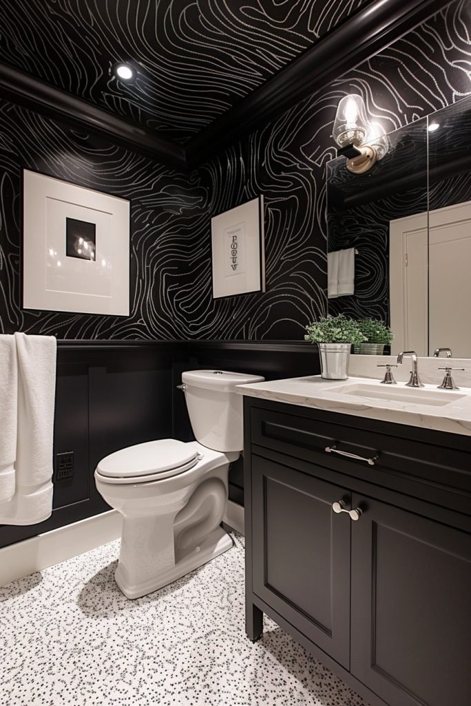 Tiny Bathroom with Bold Wallpaper