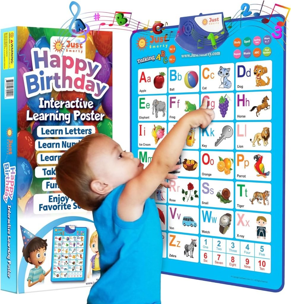 Happy Birthday Interactive Alphabet & Numbers Learning Poster | Talking ABCs & 123s Music Poster | 2 Year Old Boy Birthday Gift | Toddler Educational Birthday Gift to Learn ABC| Bonus Postcard Inside