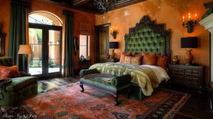 green and terracotta bedroom