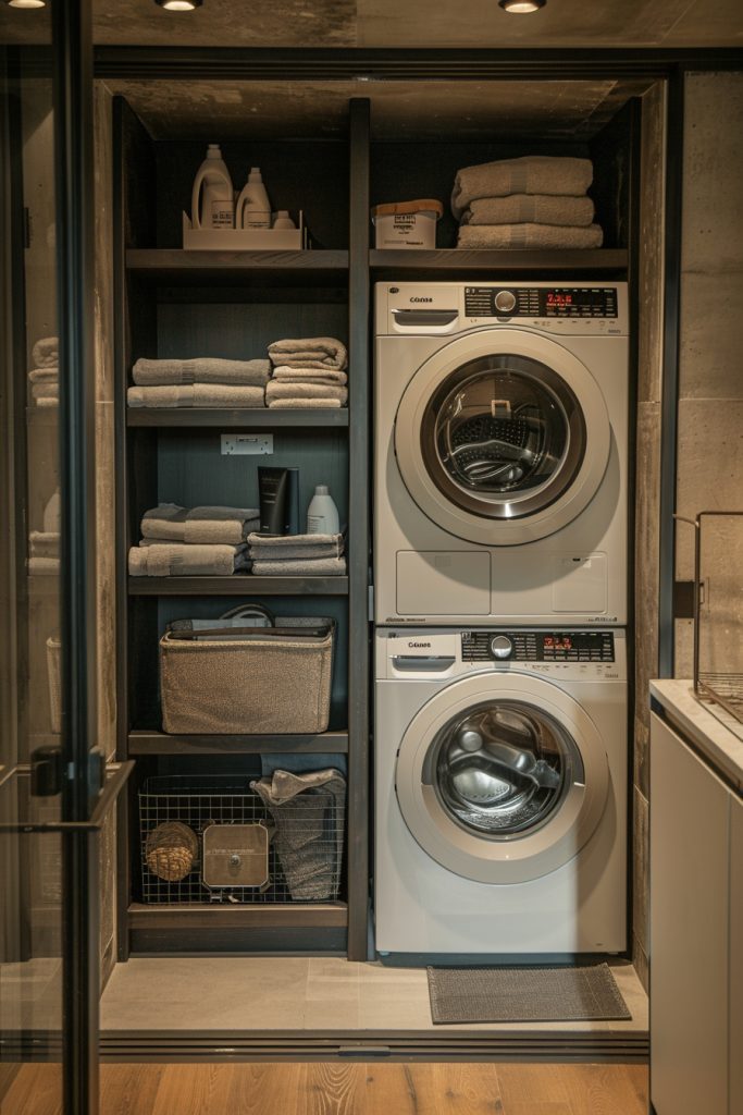 The Streamlined Laundry Solution focuses on efficiency and order with a clean and organized layout. This stacked laundry room uses straight lines and a neutral color palette to create a sense of calm and orderliness. Integrated storage systems keep supplies neatly hidden but easily accessible. This design is perfect for those who value functionality and a streamlined aesthetic in their home. Modern appliances and smart home technology enhance the efficiency of the laundry process.