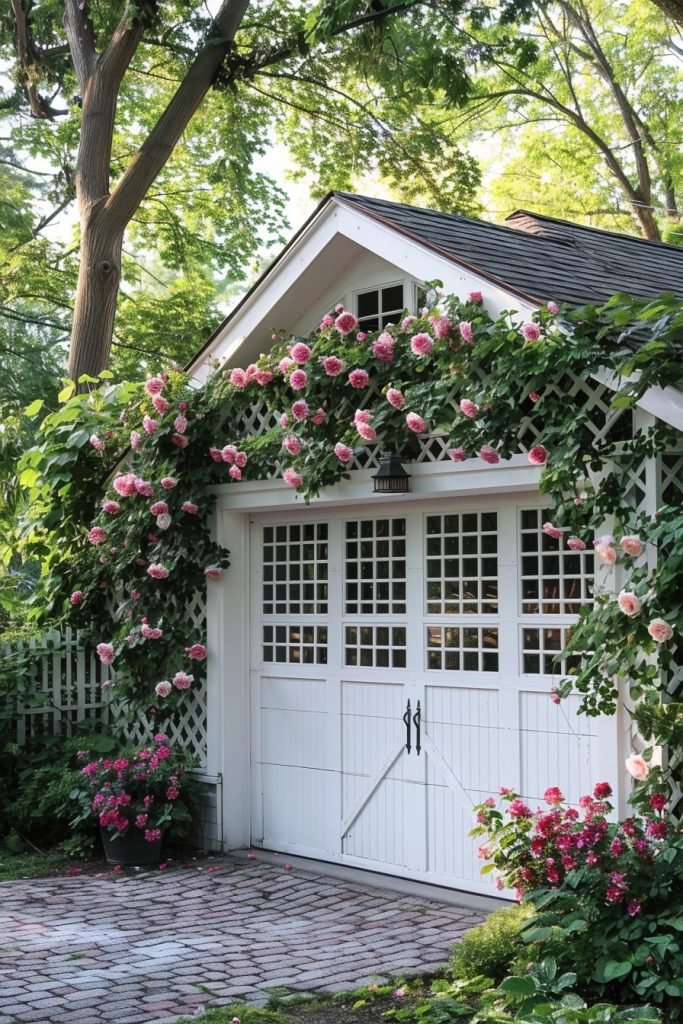 Farmhouse Garage with Lattice Woodwork