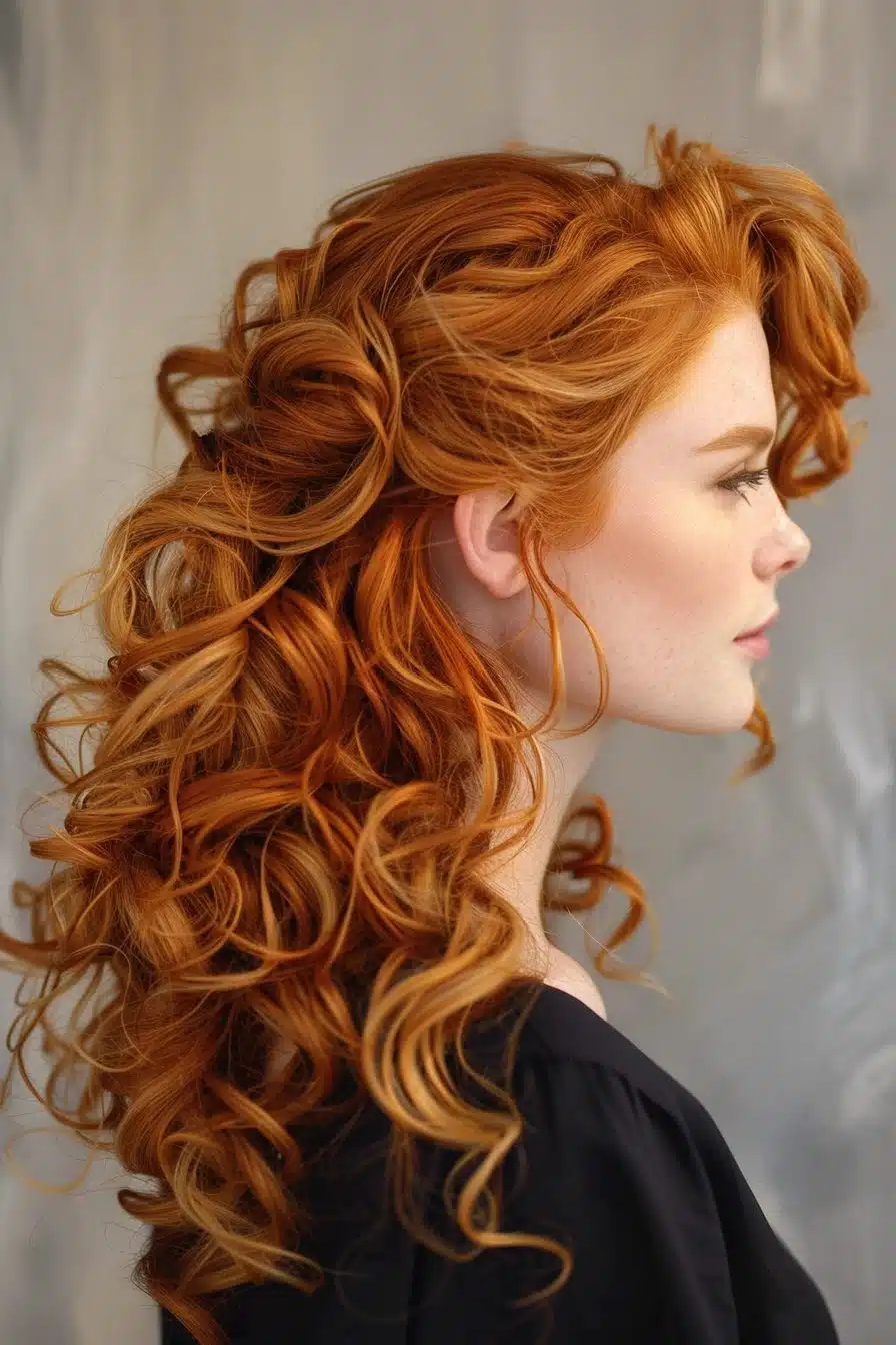 Voluminous copper ginger curly hair, side view