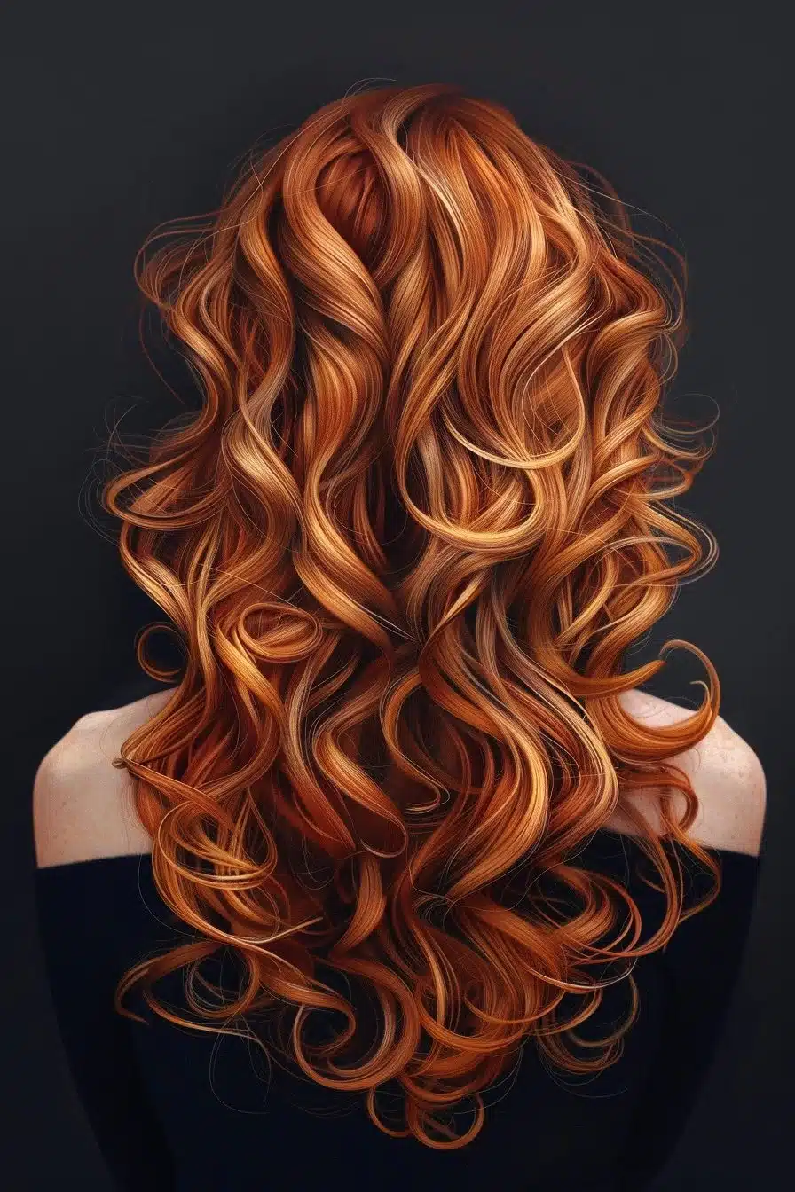 Long defined spiral curls in deep auburn with mahogany tones