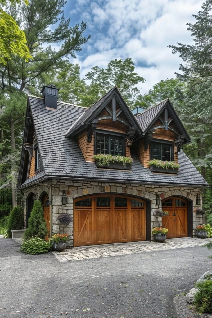 Stone Accented Farmhouse Garage
