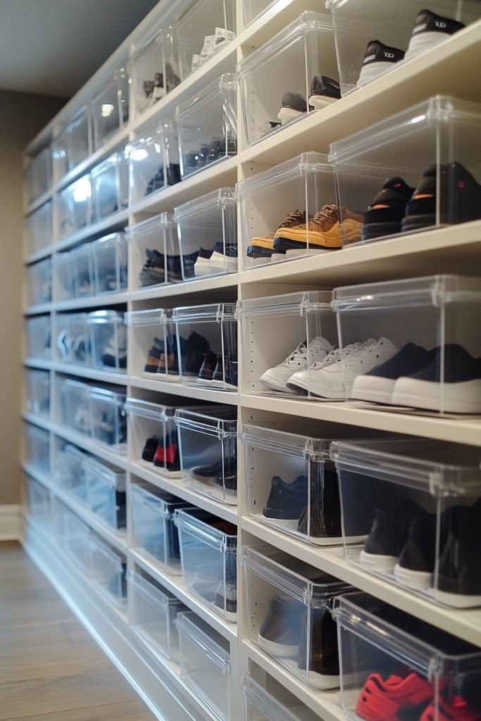 Clear Shoe Boxes on Shelves
