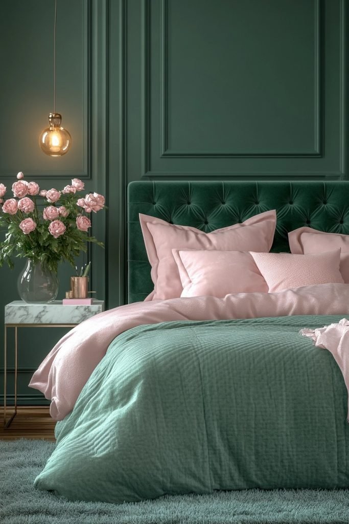 Glossy Fern and Blush Bedroom