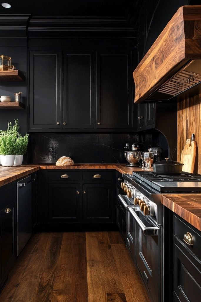Midnight Black and Wood Accents