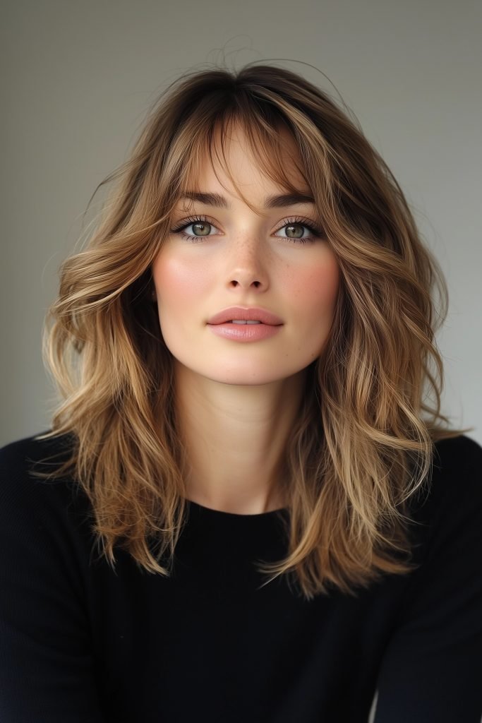 Curtain Bangs with Shoulder-Length Waves