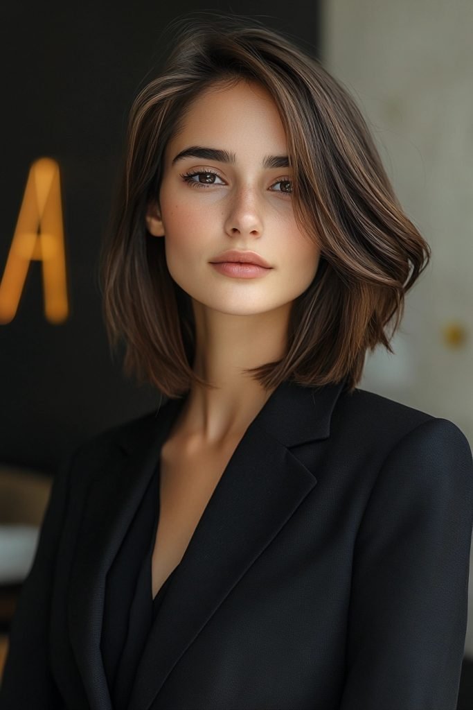 Medium-Length Angled Lob with Curtain Bangs