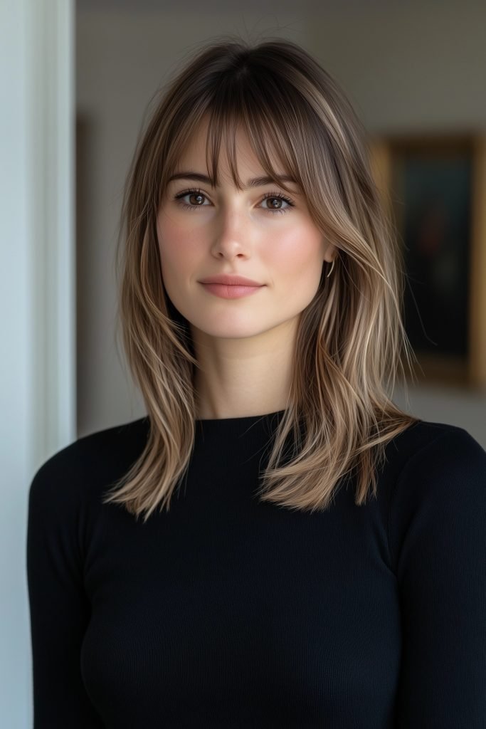 Shoulder-Length Blunt Lob with Curtain Bangs