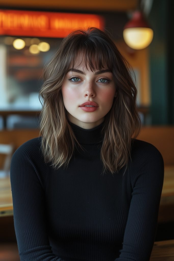 Shoulder-Length Blunt Shag with Curtain Bangs