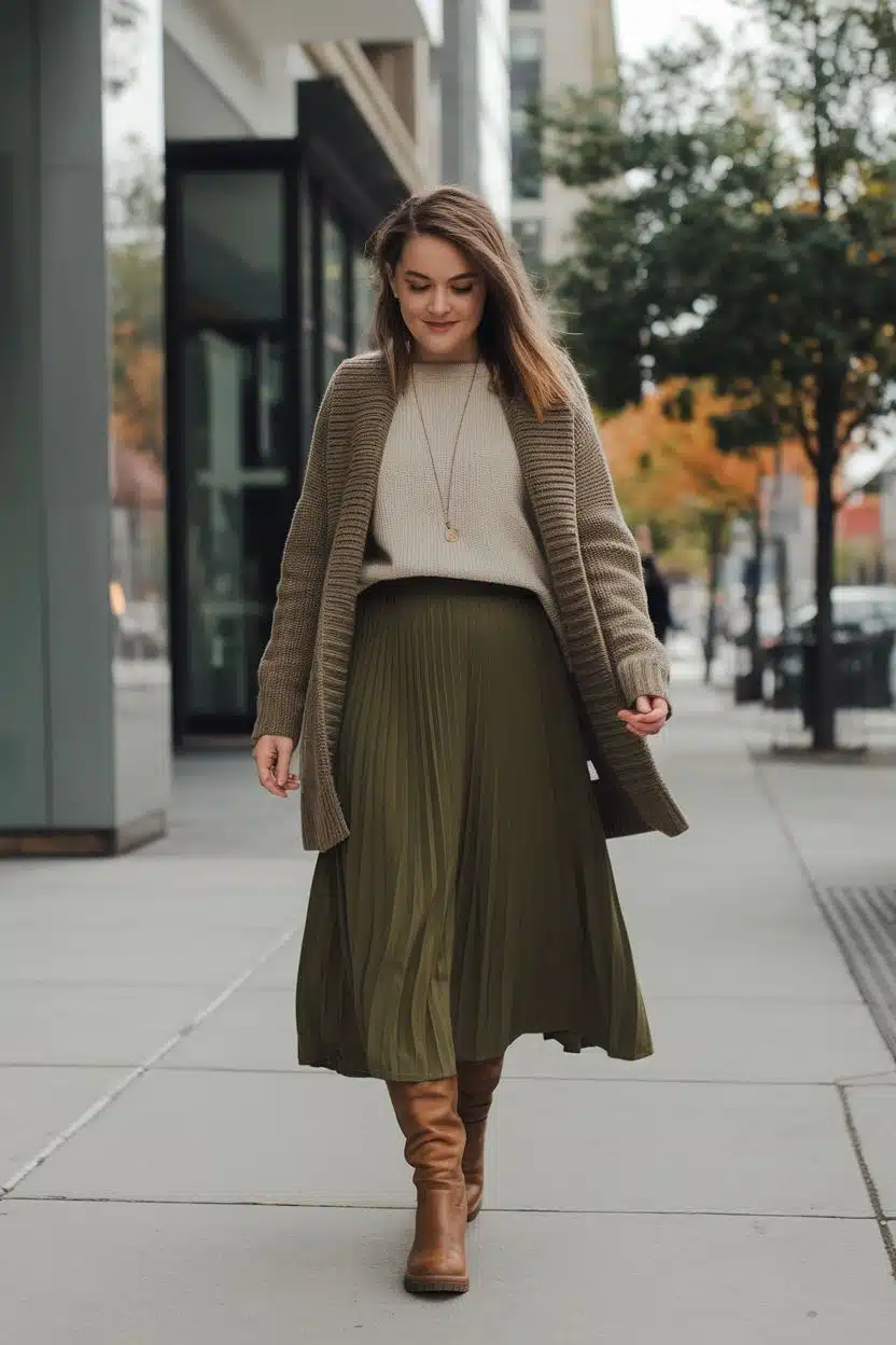 Woman wearing a chunky knit cardigan over a pleated midi skirt with tall boots on a city street