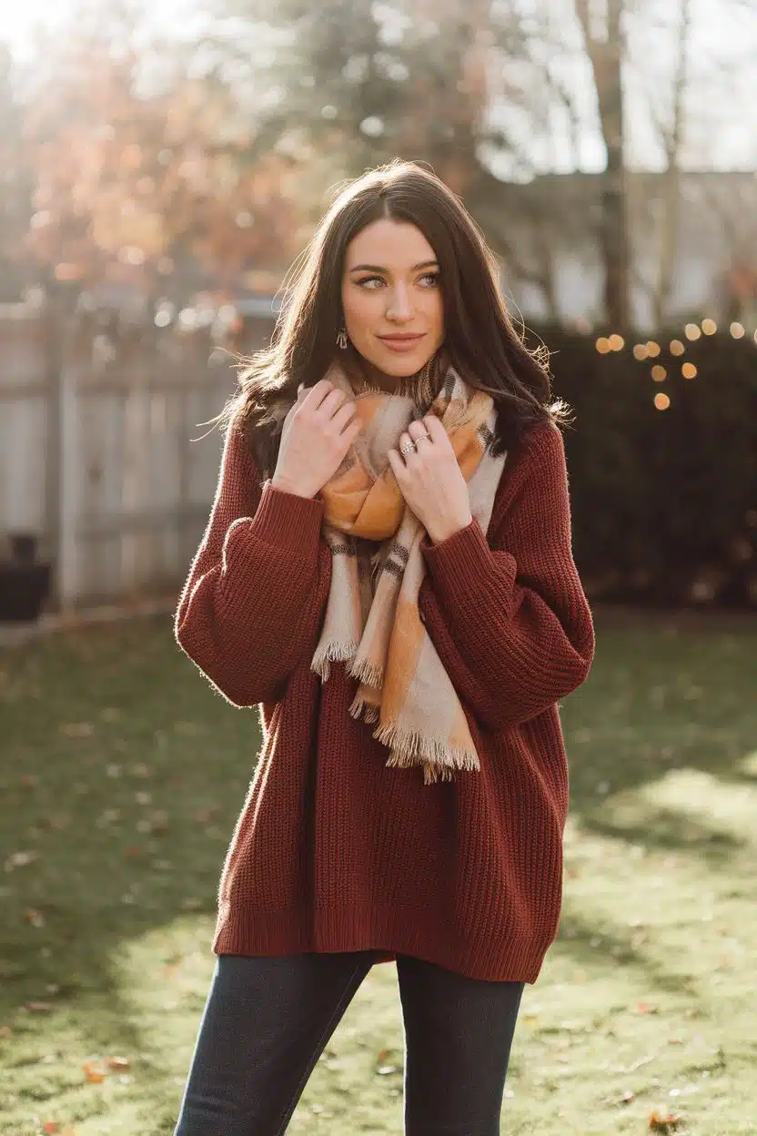 Oversized striped sweater styled with black tailored trousers