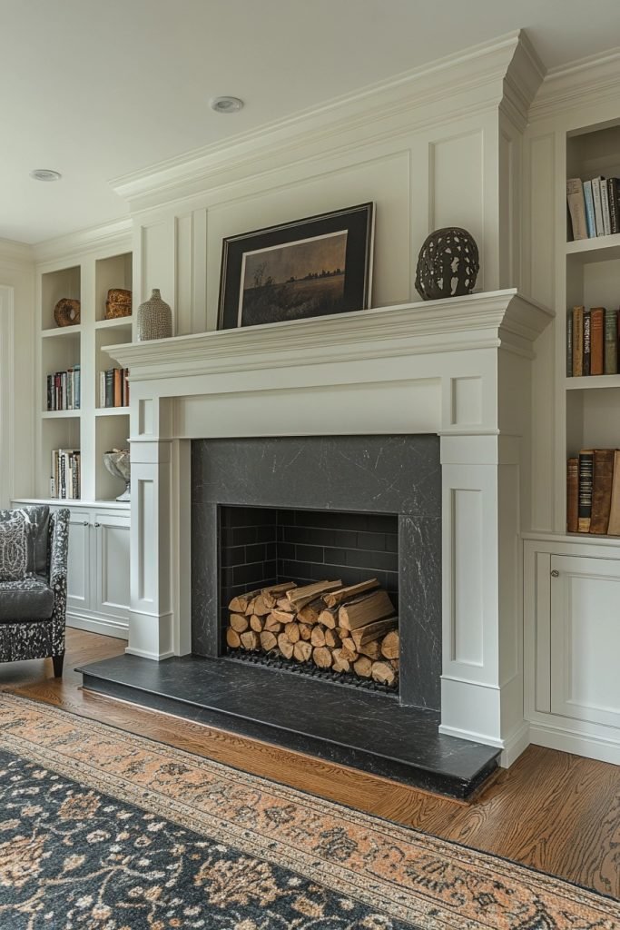 Farmhouse Fireplace with Storage Nooks