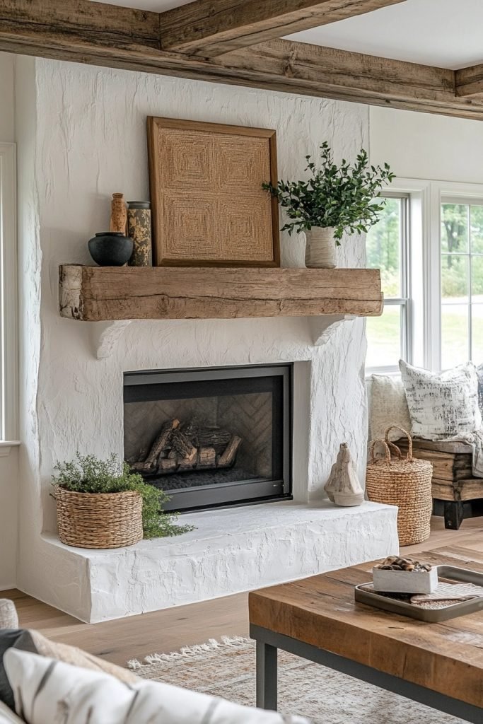 Textured Plaster Farmhouse Fireplace